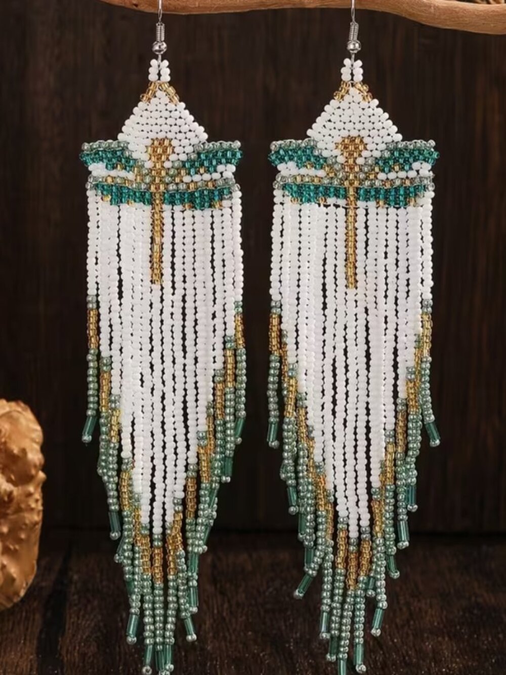 Native American Beaded Earrings Dragonfly White & Green Seed Beads Long Earrings
